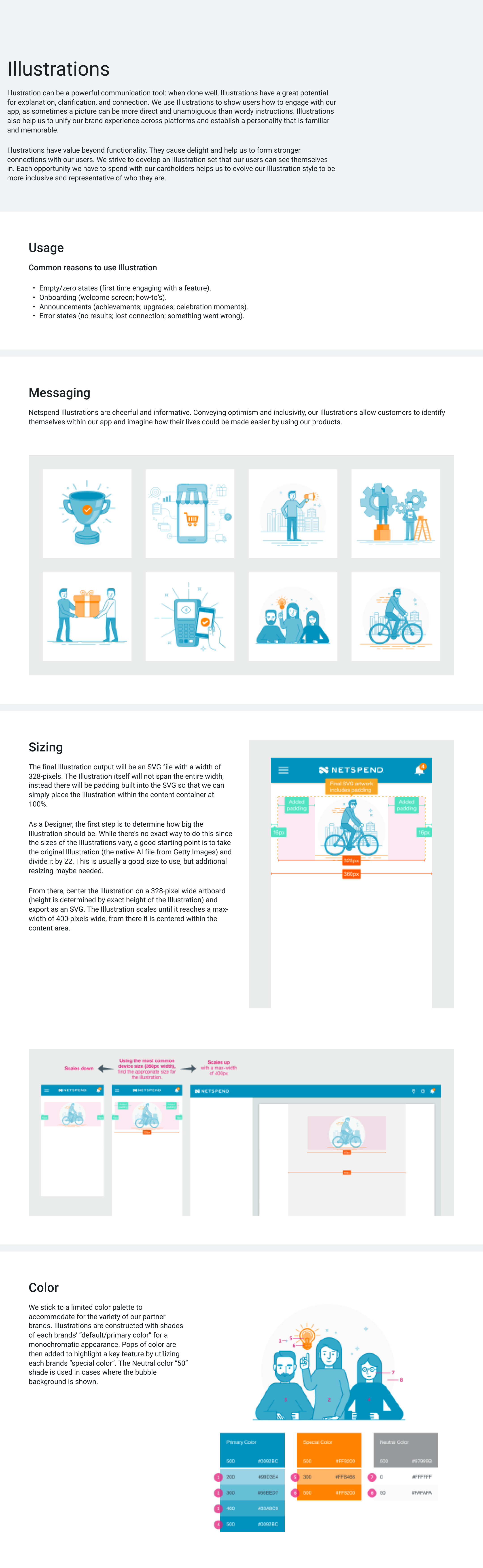 Netspend Pattern Library — Illustrations component page showing illustration usage guidelines