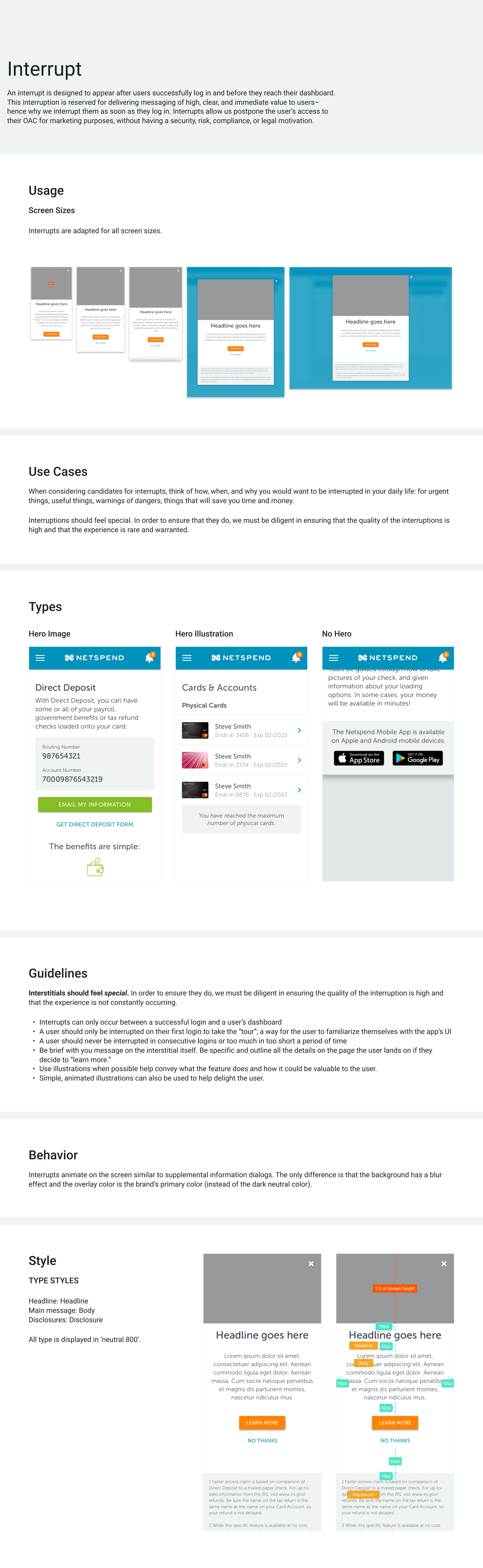 Netspend Pattern Library — Interrupt component page showing modal and dialog pattern documentation