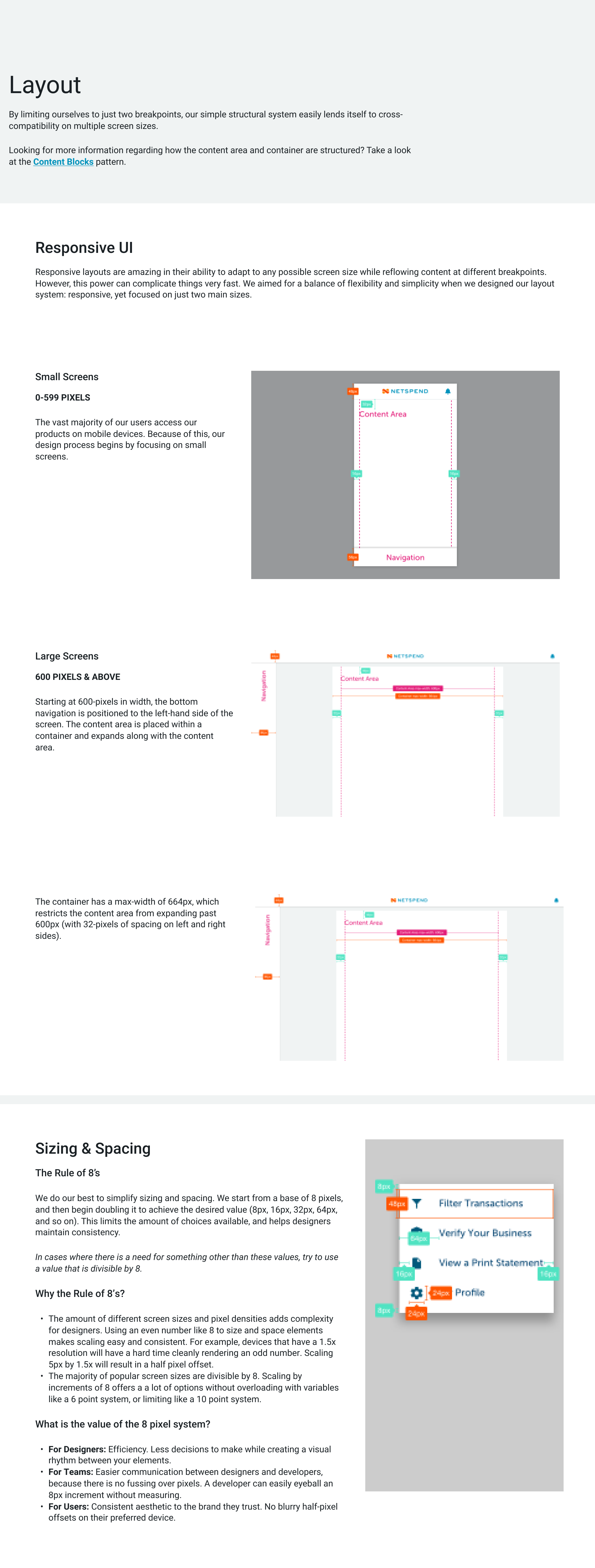 Netspend Pattern Library — Layout component page documenting page structure and section patterns