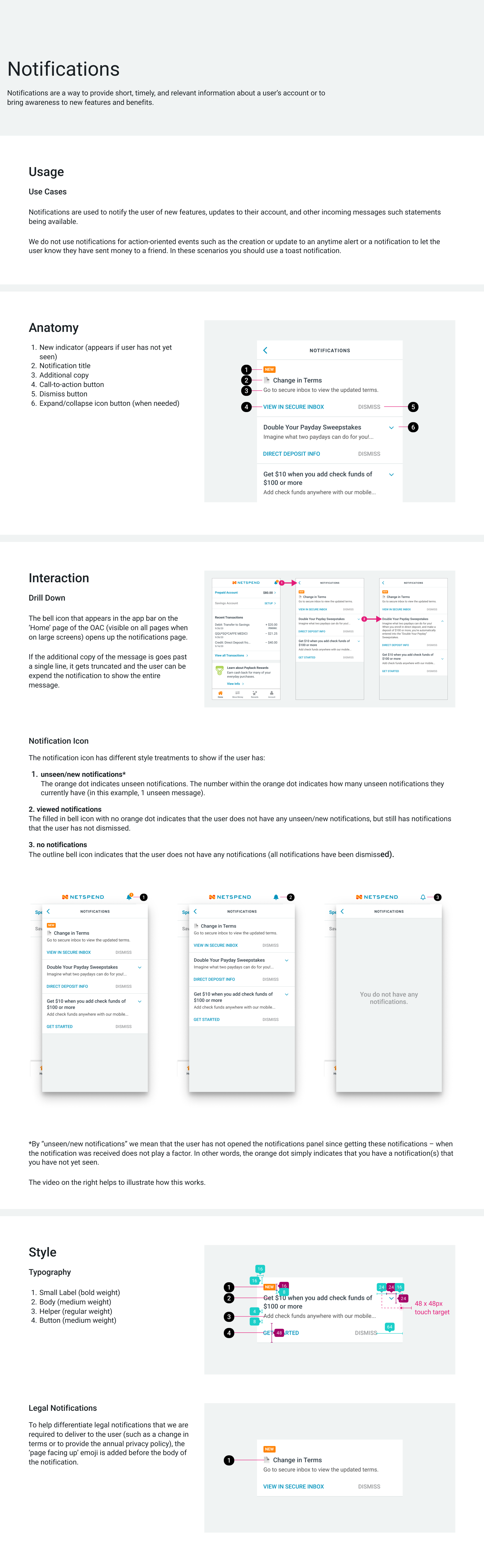 Netspend Pattern Library — Notifications component page showing alert and messaging pattern specifications