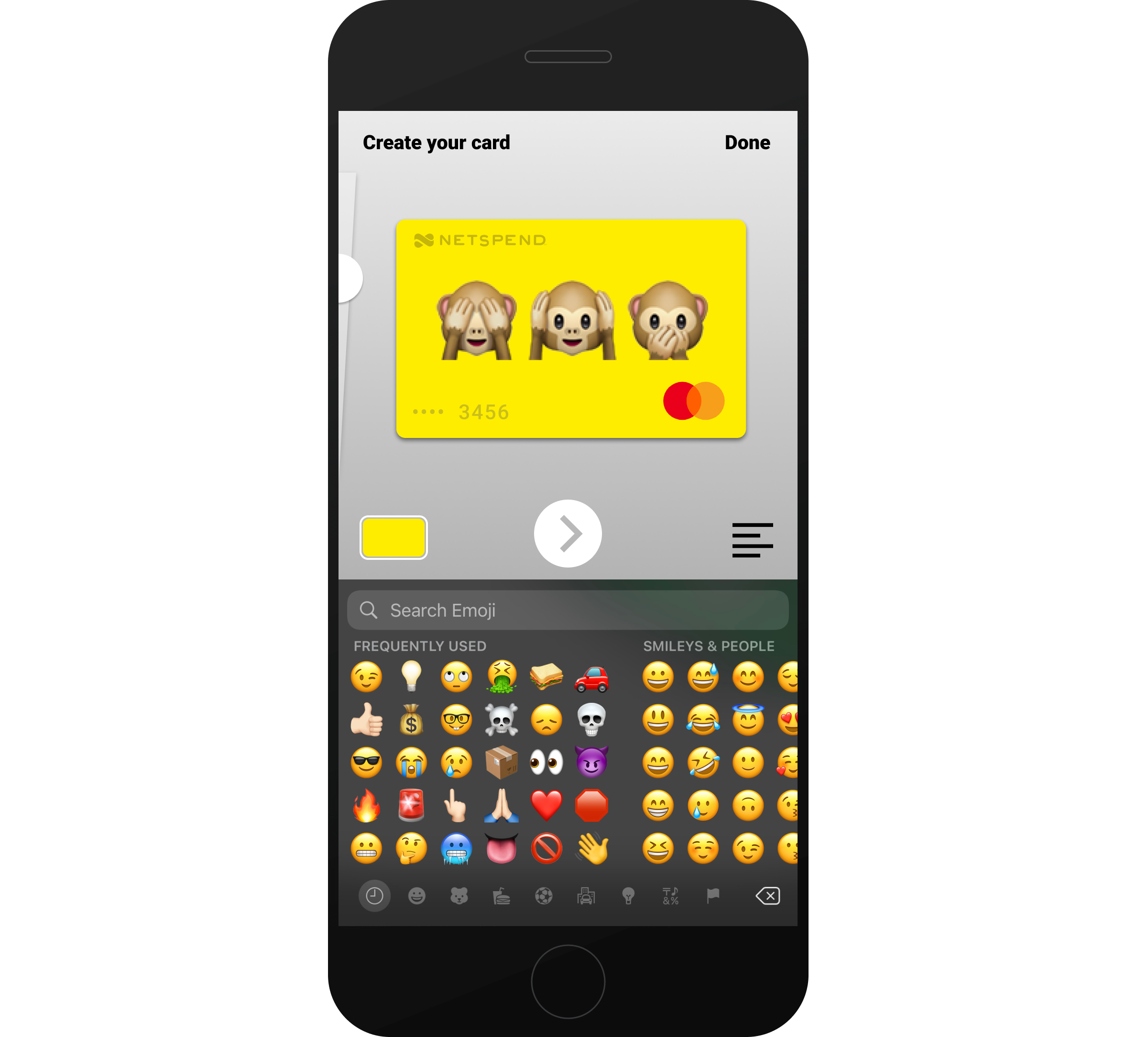 Custom Debit Card Creator UI showing background color selection and emoji picker interface, allowing users to pinch, zoom, and rotate emoji onto their card art