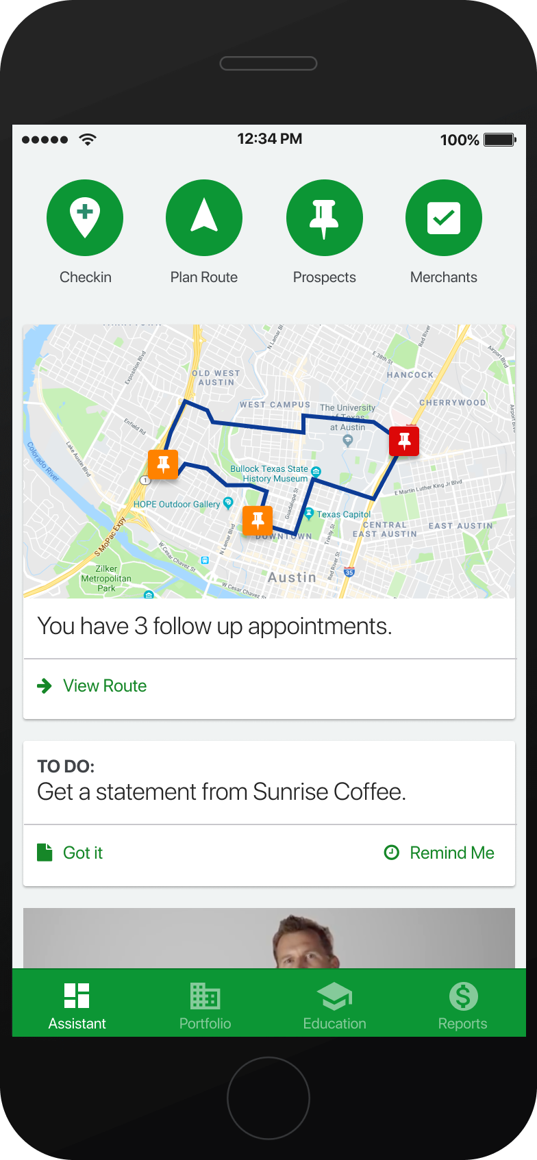 CPay Sales Assistant high-fidelity prototype — home dashboard screen built with Ionic Platform
