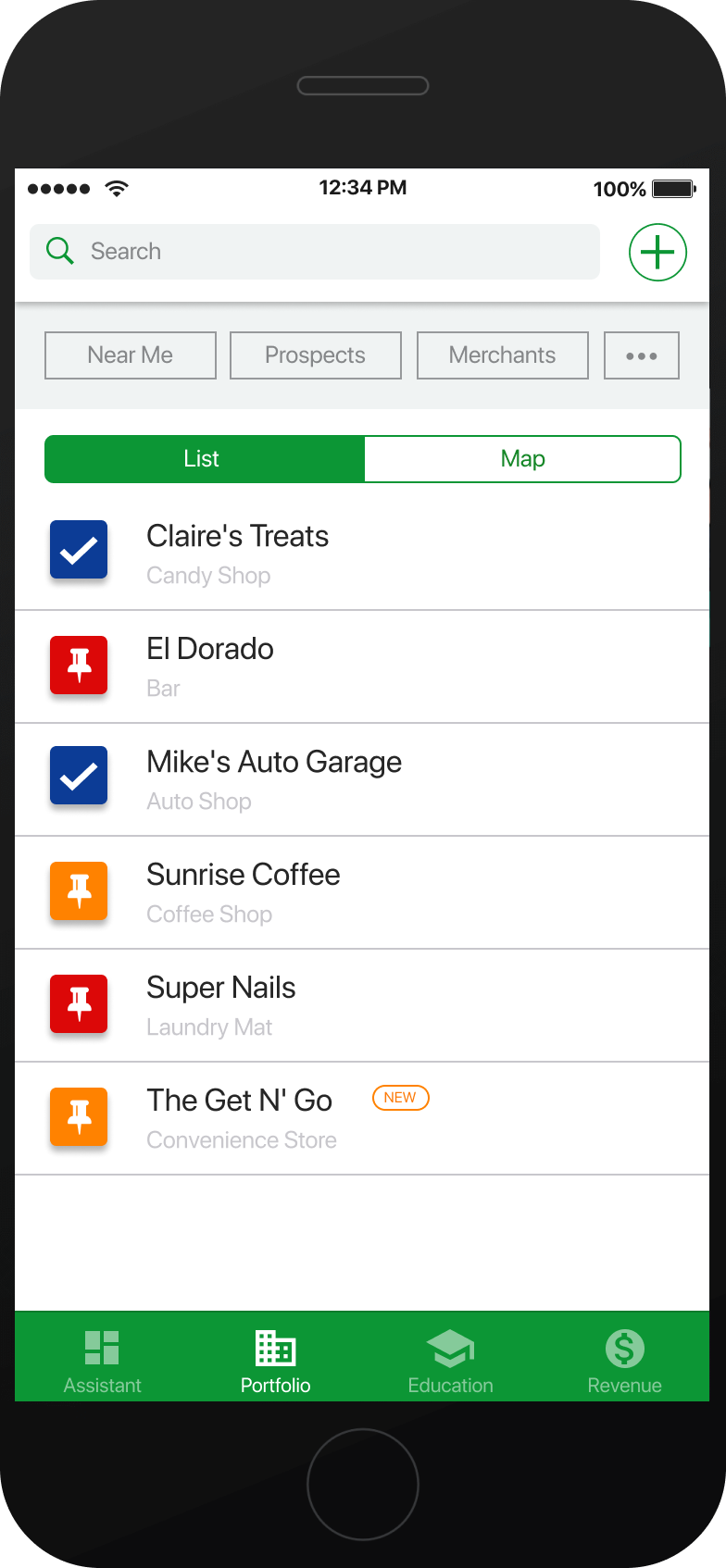 CPay Sales Assistant high-fidelity prototype — prospect search and account lookup screen