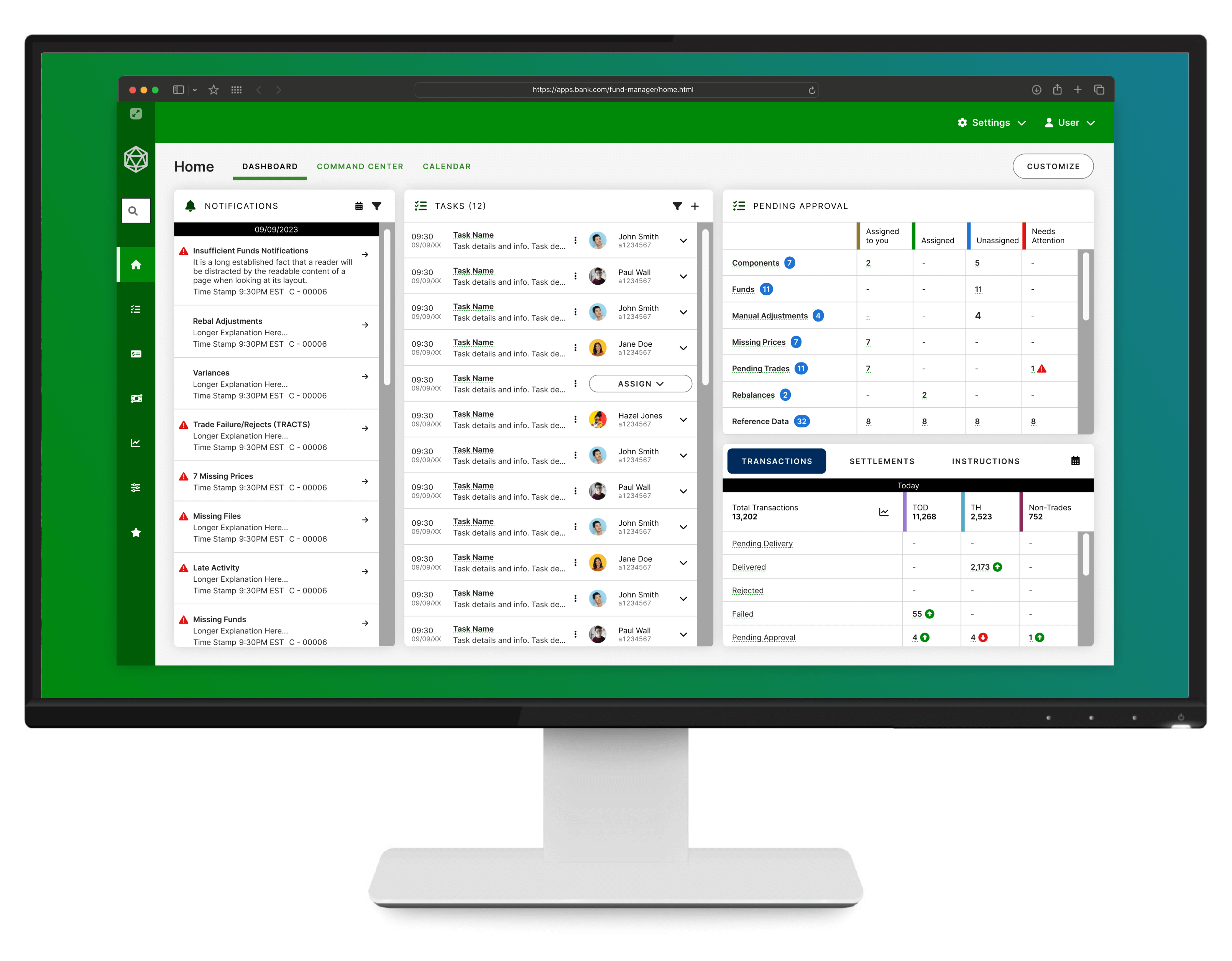 Fund Manager dashboard integrating data from four systems, automating previously manual tasks and displaying clear system status with task assignment and audit capabilities