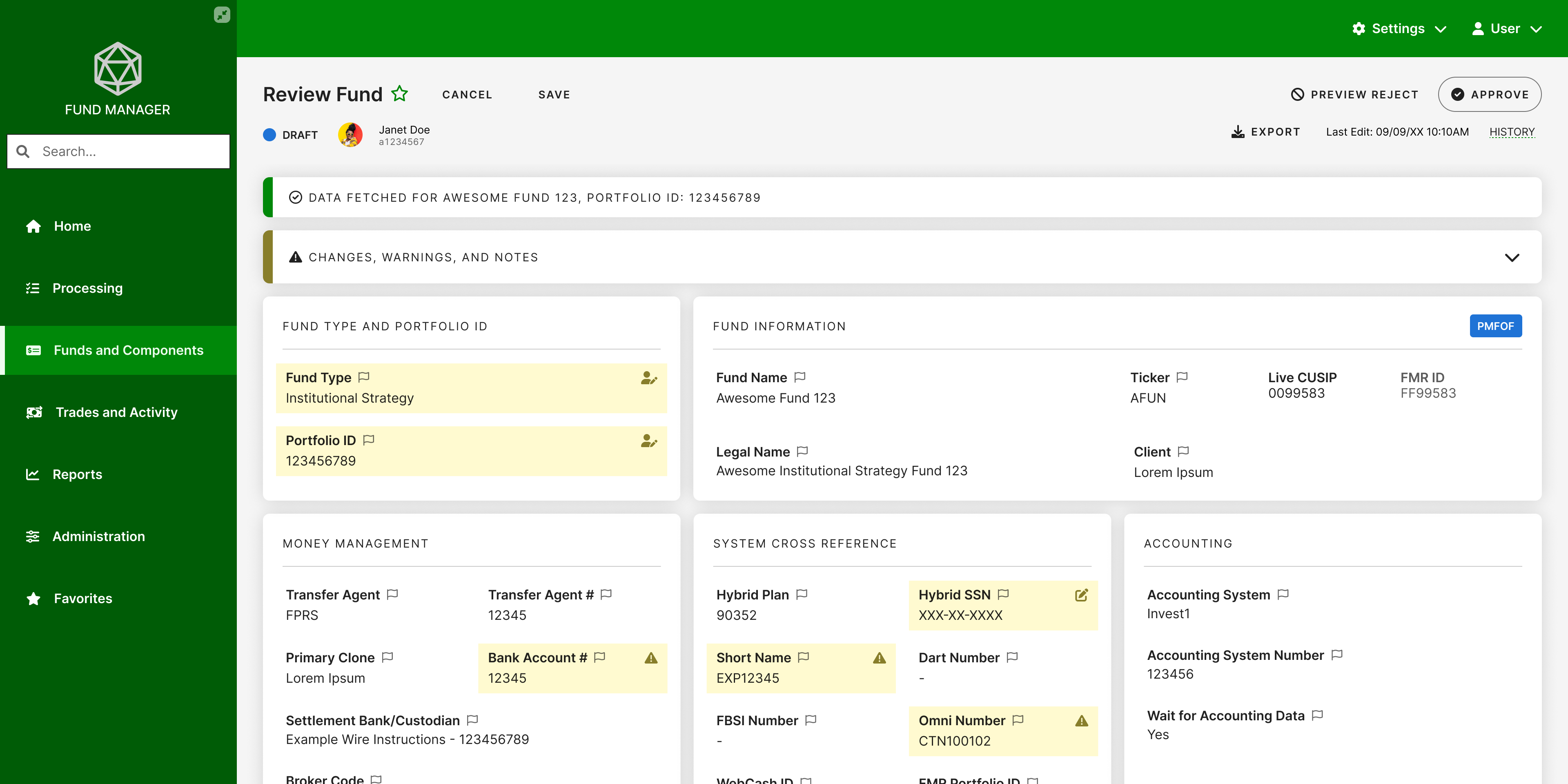 Fund Manager smart data-fetching interface with dynamic warnings and highlighted required fields to prevent manual errors