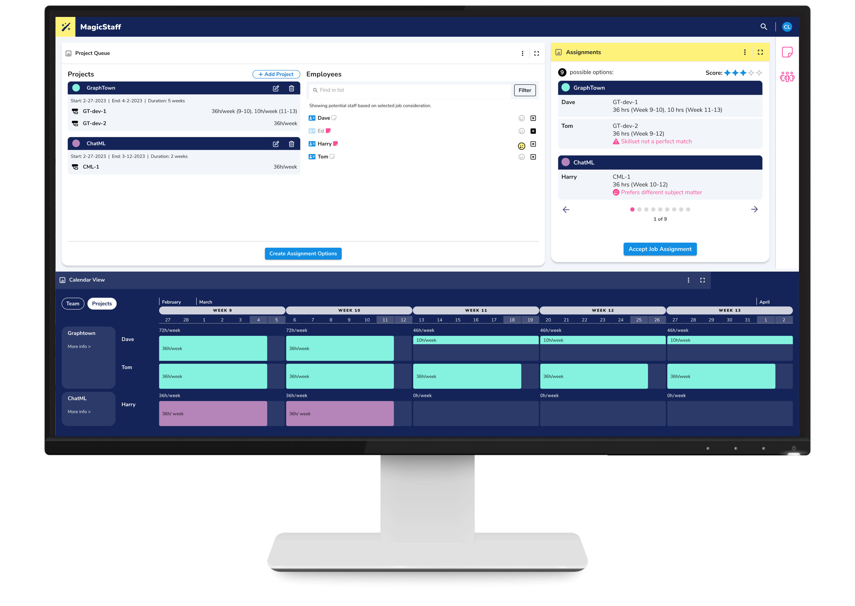 MagicStaff staffing platform main dashboard showing global team overview and project staffing status