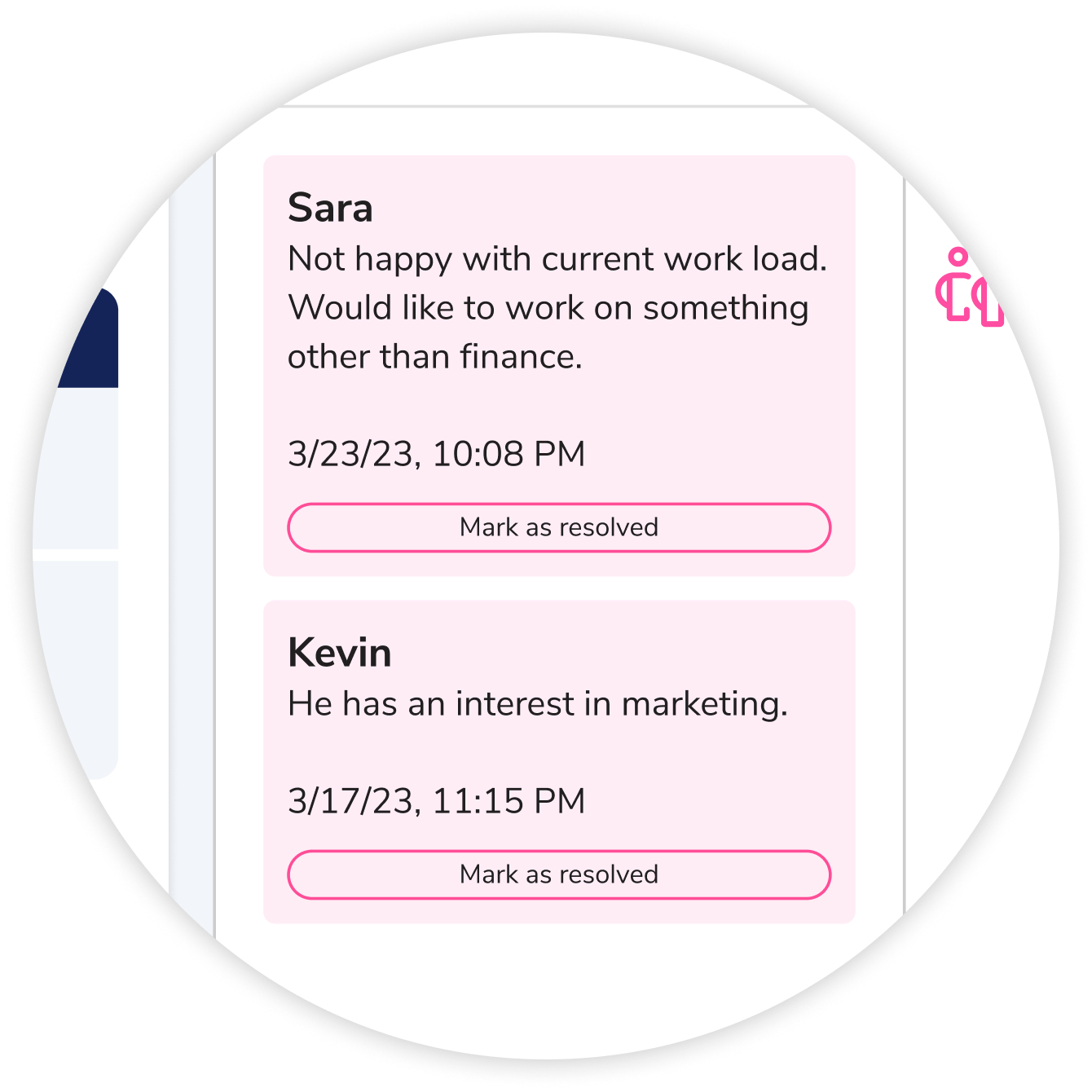 MagicStaff employee profile with administrator notes providing a comprehensive view of the employee's current project status and staffing context