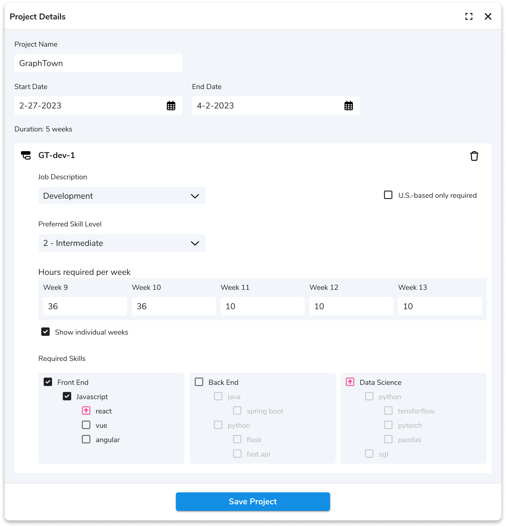 MagicStaff project setup screen where users specify work duration, precise staffing needs, and required skills to initialize the optimization