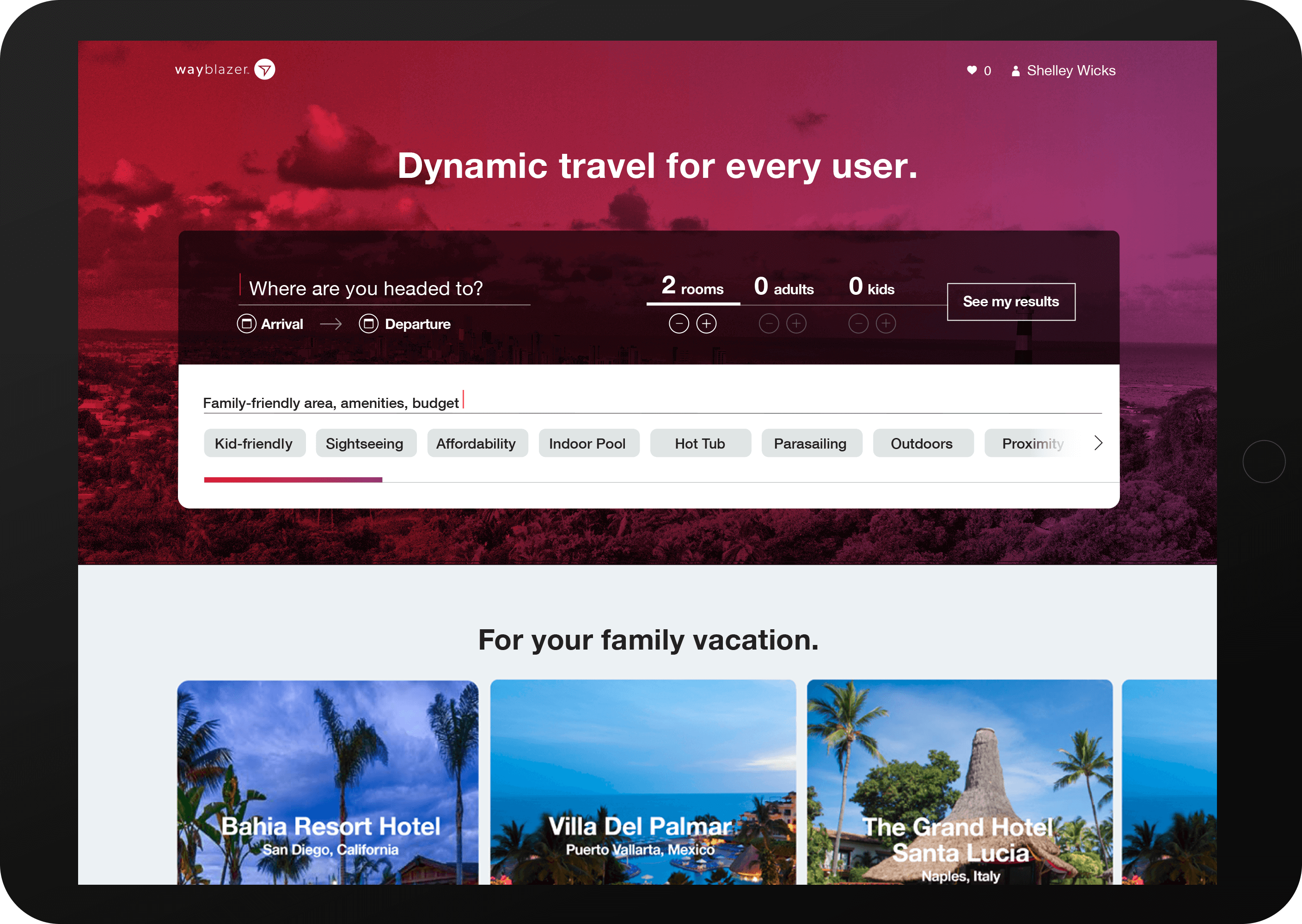 Wayblazer AI-powered travel search homepage — natural language search interface using IBM Watson to predict trip type and suggest tailored activities